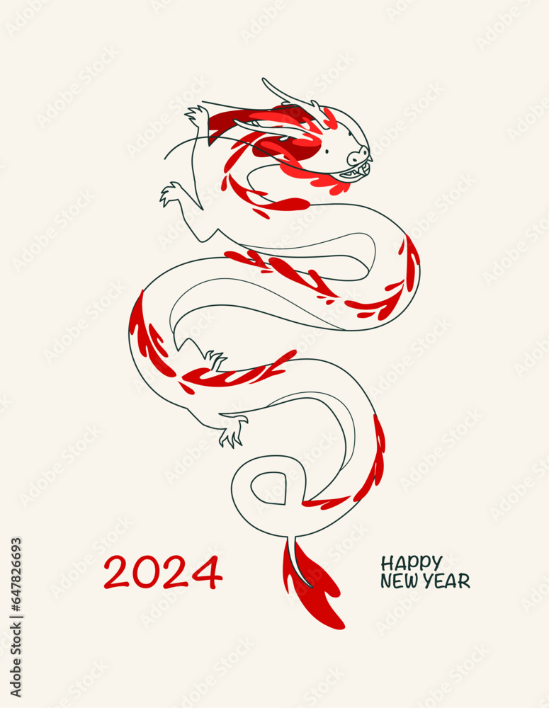 Obraz premium Happy Chinese New Year 2024. Vector illustration of a green wooden dragon in hand drawn line style. Postcard or poster design template.