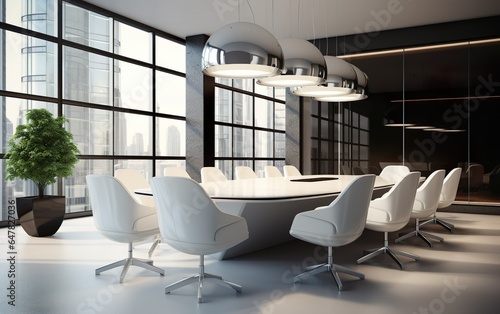 Modern futuristic style meeting conference room with big white table, white chairs around, parquet and wall panoramic windows with city view. For business presentation background, wallpaper