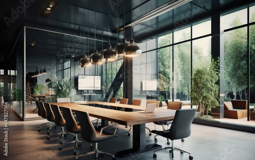 Modern eco style meeting conference room with big wooden table, black chairs around, parquet and wall panoramic windows with park view. For business presentation background, wallpaper