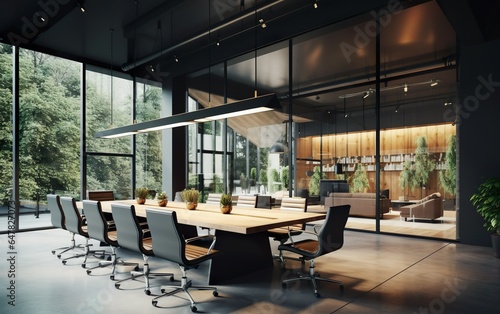 Modern eco style meeting conference room with big wooden table, black chairs around, parquet and wall panoramic windows with park view. For business presentation background, wallpaper