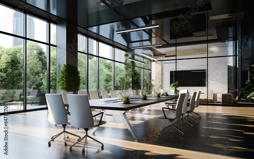 Modern eco style meeting conference room with big wooden table  white chairs around  parquet and wall panoramic windows with city view. For business presentation background  wallpaper