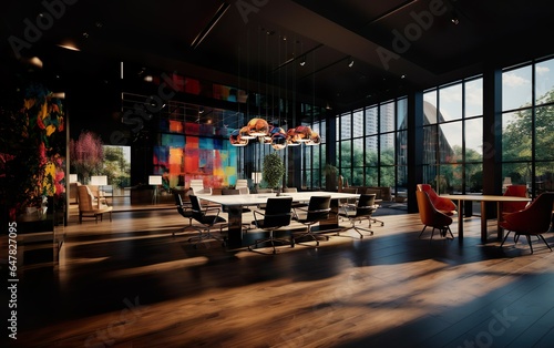 Bright Modern style meeting conference room with big wooden table, white around, parquet and wall panoramic windows with city view. For business presentation background, wallpaper