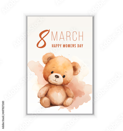 Happy Women's Day March 8 Vector illustration of a beautiful spring woman, teddy bear family congratulating mom on a holiday and floral frame. © Katisko