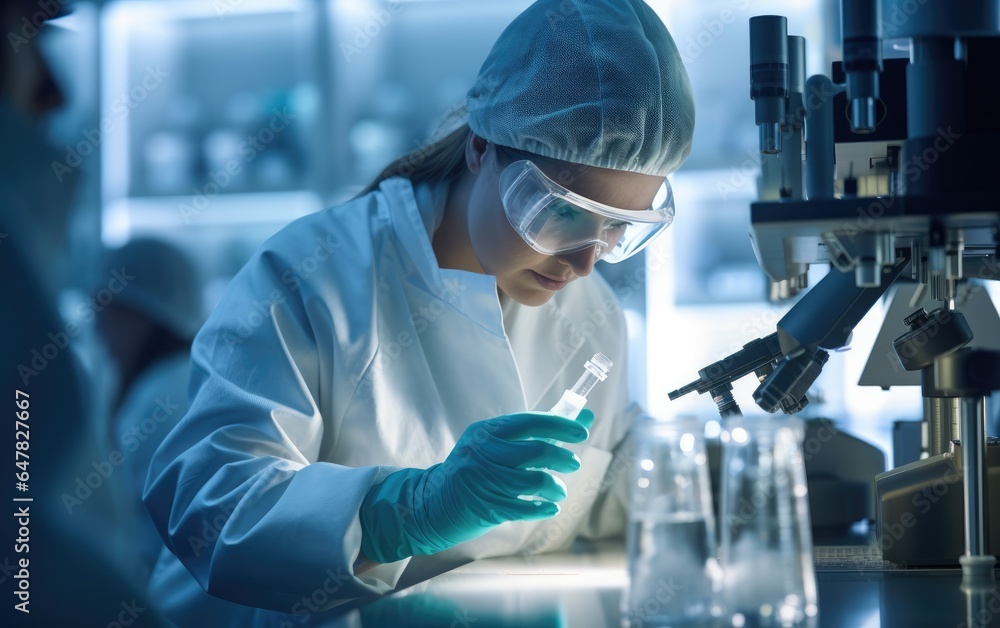 A scientist wearing protective mask conducting an experiment. Generative AI A scientist wearing protective mask conducting an experiment. Generative AI
