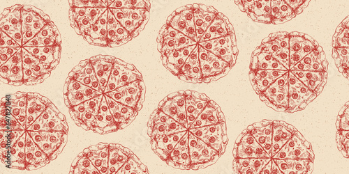 Seamless pattern with italian pizza. Italian fast food. Background with pizza salami and grainy texture. Round pizza. Sketch style illustration for menu. Engraved style