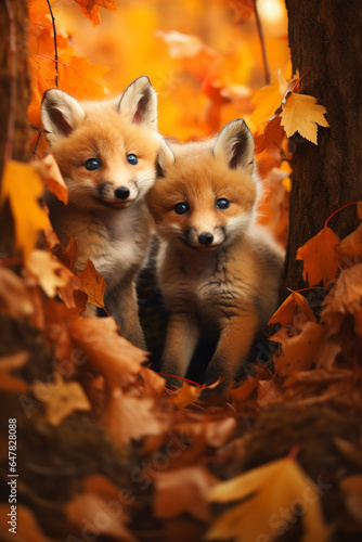 Cute baby foxes couple in fall leaves