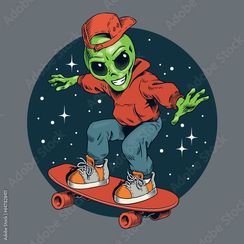 Alien teenager humanoid rides on skateboard through the space. Comic style vector illustration.
