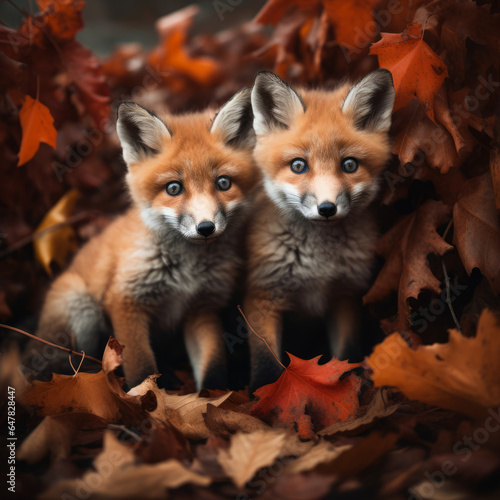 Cute baby foxes couple in fall leaves
