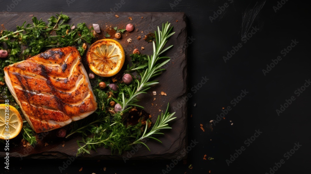 Grilled sea cod fish fillet from restaurant. Horizontal banner poster. Food texture photo AI generated - obrazy, fototapety, plakaty 