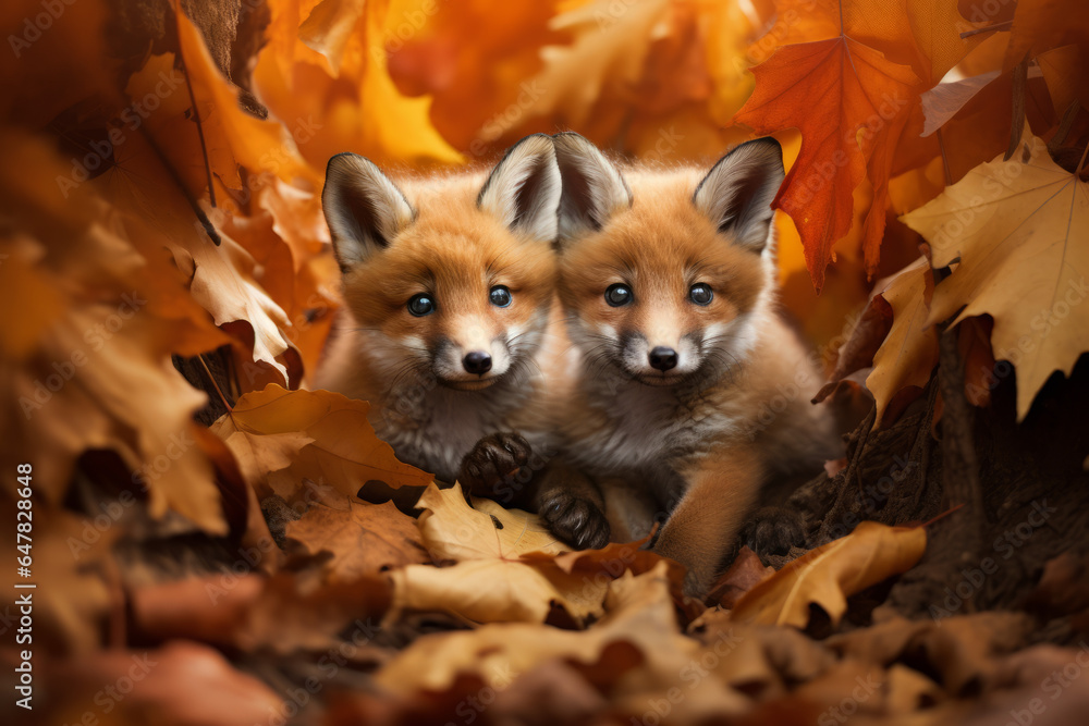 Cute baby foxes couple in fall leaves Cute baby foxes couple in fall leaves