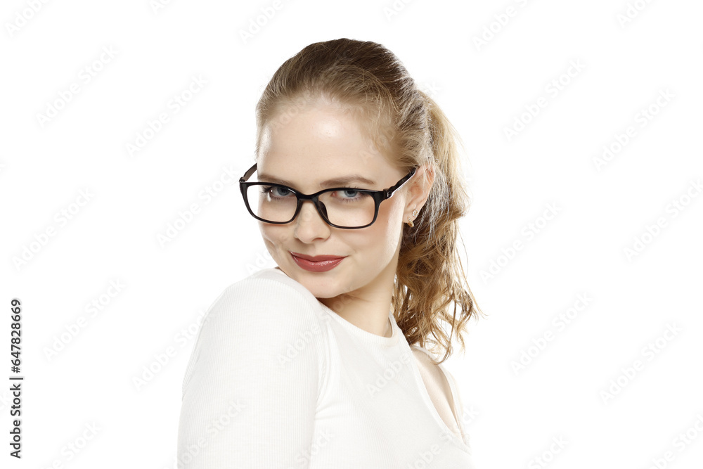Portrait of smiling young blonde woman wearing glasses on a white background