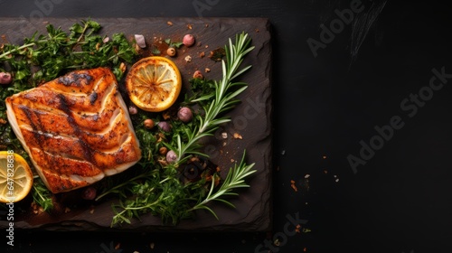 Grilled sea cod fish fillet from restaurant. Horizontal banner poster. Food texture photo AI generated