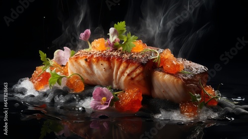 Fried sea cod fish fillet from a 3 Michelin star restaurant. Horizontal banner poster. Food texture photo AI generated