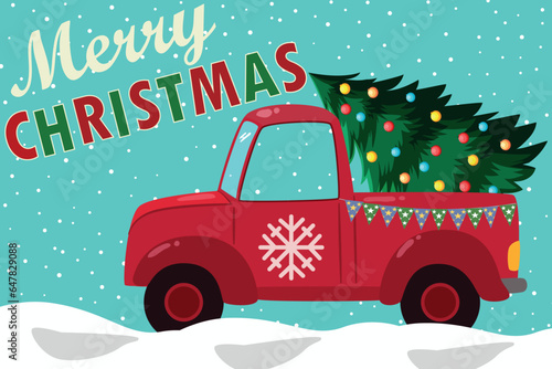 Red vintage pickup truck with decorated christmas tree. Greeting card. Winter Holiday Vintage Greeting Card. Vintage Christmas And New Year Decoration Poster. Vector
