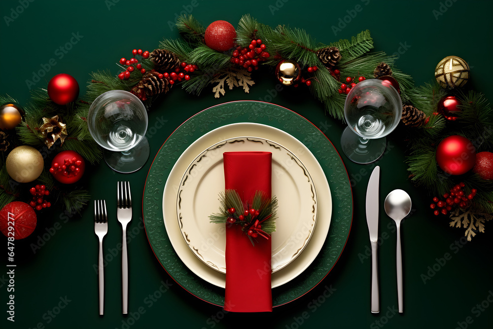 Christmas tree branch, empty plate, Christmas decoration on dark background. Directly above. Copy space. Christmas tree branch, empty plate, Christmas decoration on dark background. Directly above. Copy space.