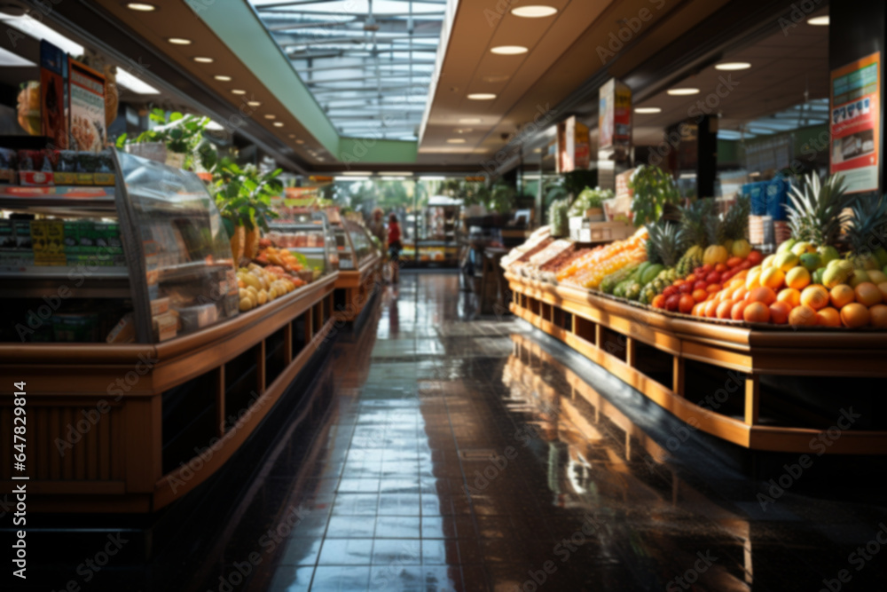 supermarket rows with products blurred background,food store