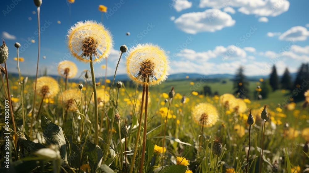 Blooming Splendor: Embrace the Beauty of Nature's Palette with Delicate Dandelions and Gentle Flowers in a Serene Meadow Under the Summer Su, generative AI