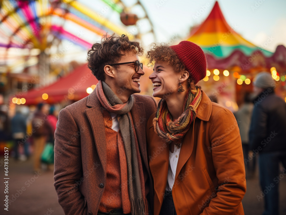 Fototapeta premium A Photo of a Couple Enjoying an Autumn Carnival Together