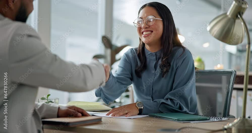 Happy asian woman, handshake and interview in hiring, meeting or partnership for teamwork at office. Business people shaking hands in recruiting, b2b or thank you for agreement or deal at workplace