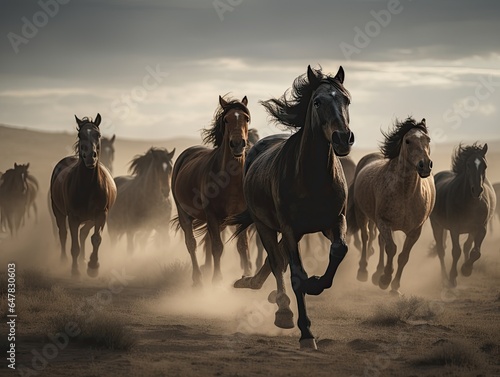 Herd of wild horses galloping © neirfy