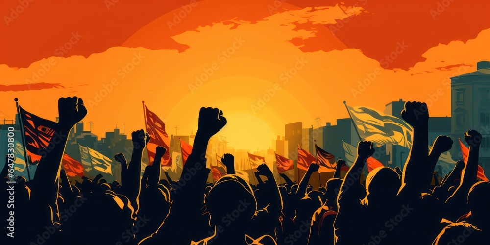 Illustration of a protest, crowd of people with fists raised, in tones of dark red and orange. - obrazy, fototapety, plakaty 