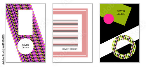 Geometric cover design, set of 3 covers. Abstract unusual background in Memphis style. Bright geometric shapes in random order