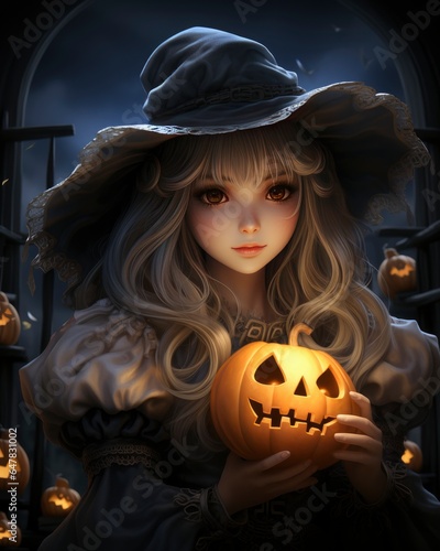 Halloween beautiful witch holding a pumpkin