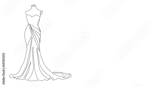 Dummy with long woman dress. Woman cocktail dress on mannequin. Single line illustration of the dummy with evening gown