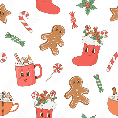 Vintage Christmas seamless pattern with sweets, gingerbread, candy, coffee. Retro cartoon character mascot. Vector illustration