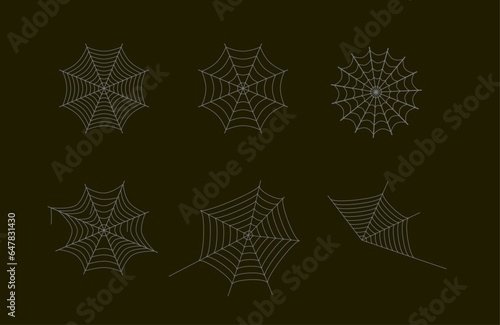 Vector Spider Web Set: 6 Light White Gray Spider Web Designs on Dark Background