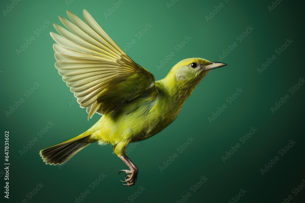 Green bird flying on solid green background - obrazy, fototapety, plakaty 
