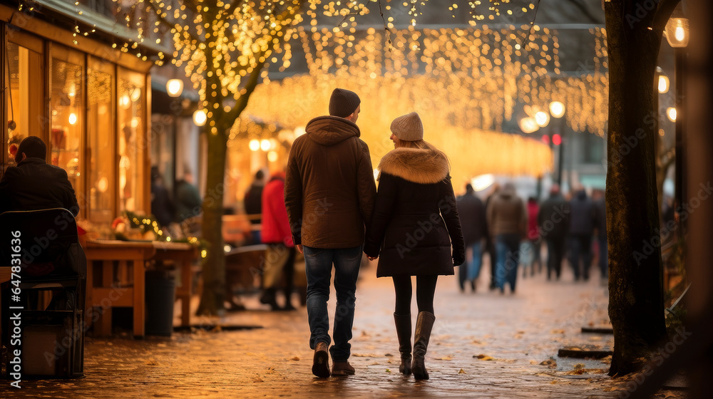 couple enjoying and taking a stroll in a traditional christmas market - christmas markets concept