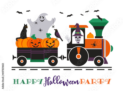 Skeleton ride spooky train with Halloween symbols vector poster. Cute pumpkins, kitten, scary skull cartoon. Horror night fun event invitation illustration. Halloween holiday party greeting background