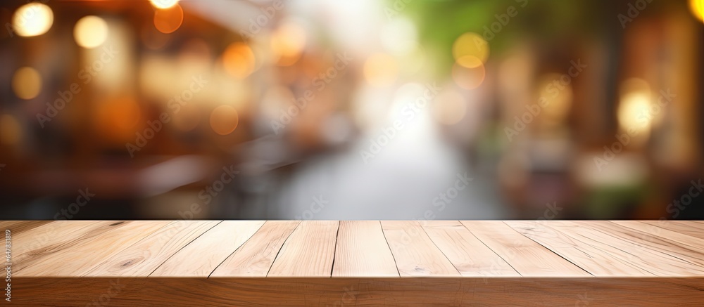 Empty wooden table against blurry cafe background suitable for showcasing or product montage