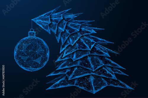 Bright bent Christmas tree. A hanging ball from the top of a tree. Low-poly design of interconnected lines and dots. Blue background.