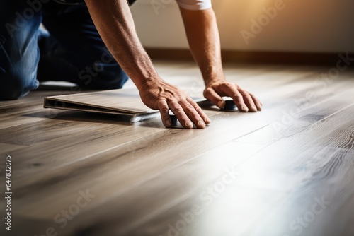 Hardwood Floor Renovation. Construction Worker Doing New floor