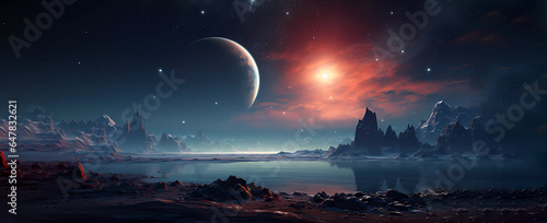Beautiful sky. beautiful landscape of mountains and lake on the surface. Surface of the planet. Banner. Wallpaper. Generated AI. Edited in Photoshop