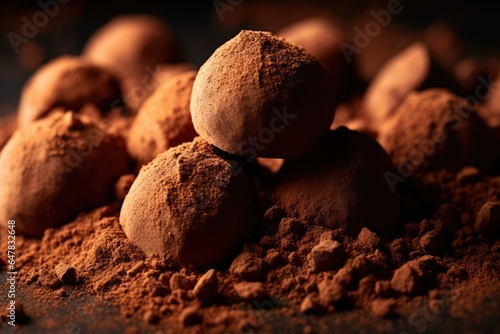 Homemade chocolate truffles with cocoa powder.
