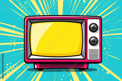 Pop art representation of a vibrant old-fashioned television set amidst comic patterns in retro colors.