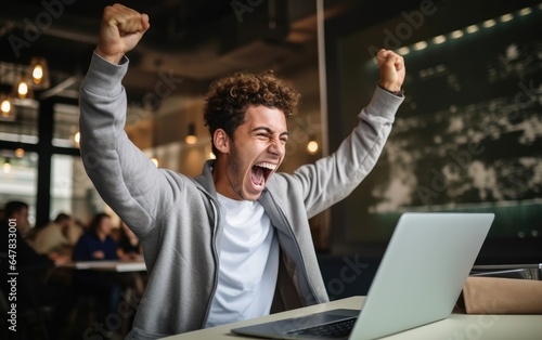 Winner businessman with online sale, email announcement of promotion or bonus success. Excited corporate person with fist pump for office celebration, salary increase or target. Generative AI
