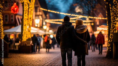 couple enjoying and taking a stroll in a traditional christmas market - christmas markets concept photo