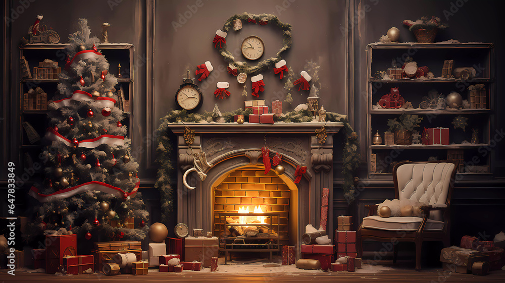 Obraz premium Home comfort. Fireplace, Christmas tree with gifts. Christmas. Banner. Wallpaper. Generated AI. Edited in Photoshop