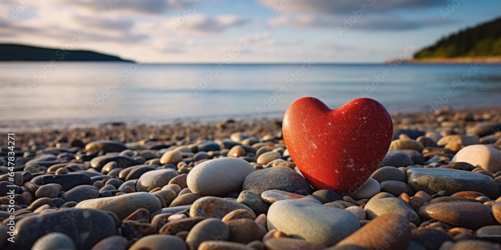 Fototapeta premium red stone in shape of heart on beach by sea, generative ai
