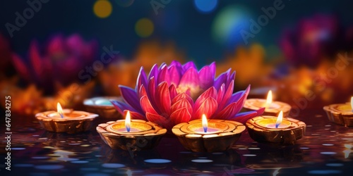 Diwali celebration Indian festival of lights Diya oil lamp and colors Rangoli decoration bright colorful flowers flowerbed, copy space, greetings Deepavali Hindu festival India., generative ai © OP38Studio