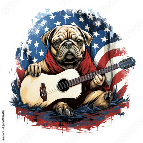 A contemplative pug dog dressed in an American Flag Day-themed t-shirt adorned with a delicate guitar illustration, positioned in a serene monastery garden, Generative Ai