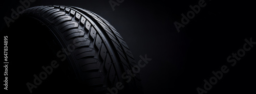 New car tire. Road wheel on dark background. Summer Tire with asymmetric tread design. Driving car concept. Copy space. Generative AI photo