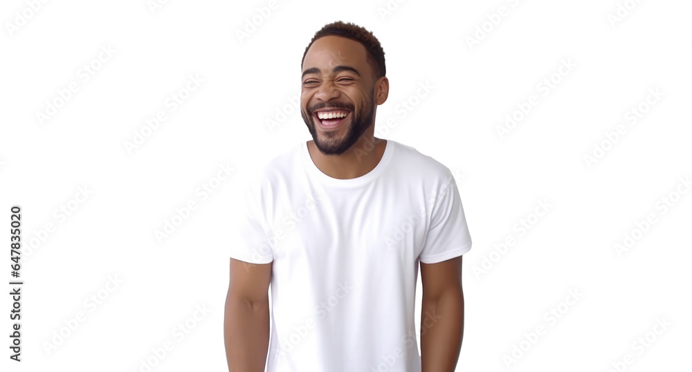 man laughing smiling as he wears white tshirt