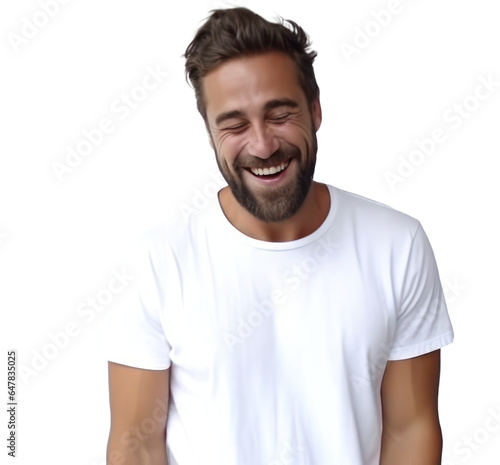 man laughing smiling as he wears white tshirt