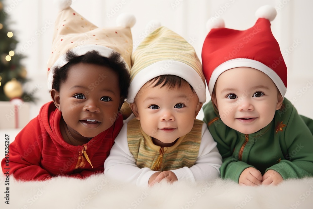 Group of three smiling multiethnic babies, wearing Christmas clothes, on white background. Group of three smiling multiethnic babies, wearing Christmas clothes, on white background.