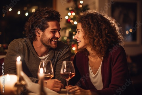 Happy young couple having dinner at home for Christmas